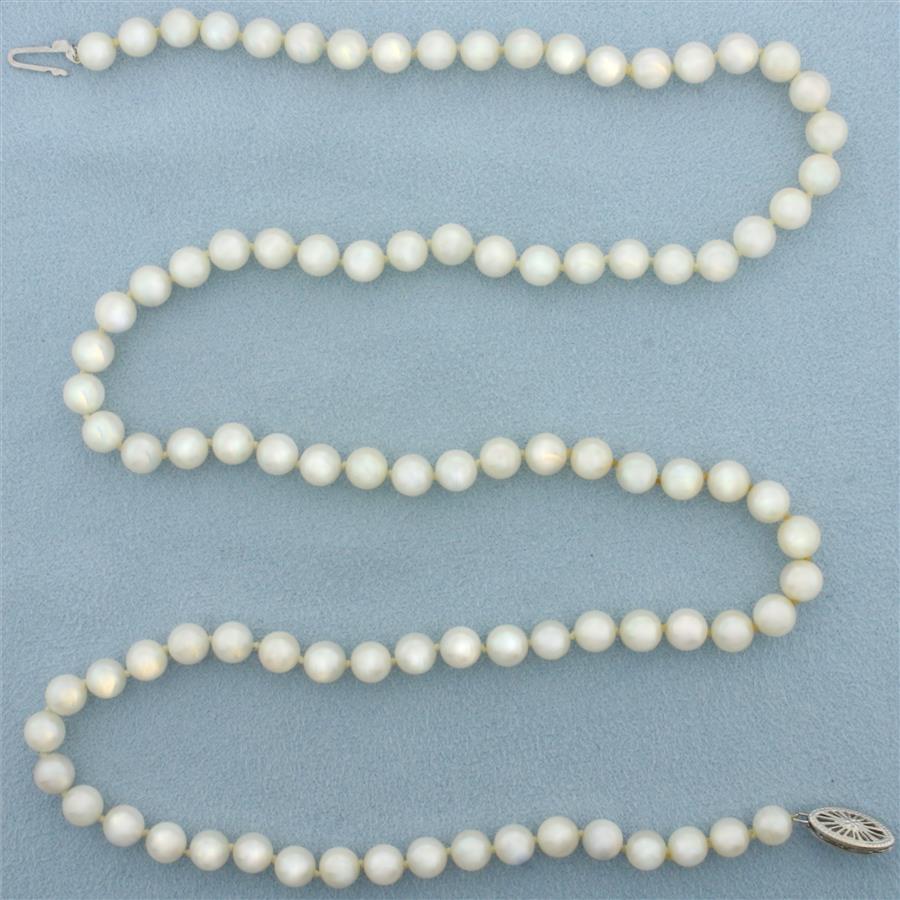 Cultured Akoya Pearl Strand Necklace with 14k White Gold Filigree Locking Clasp