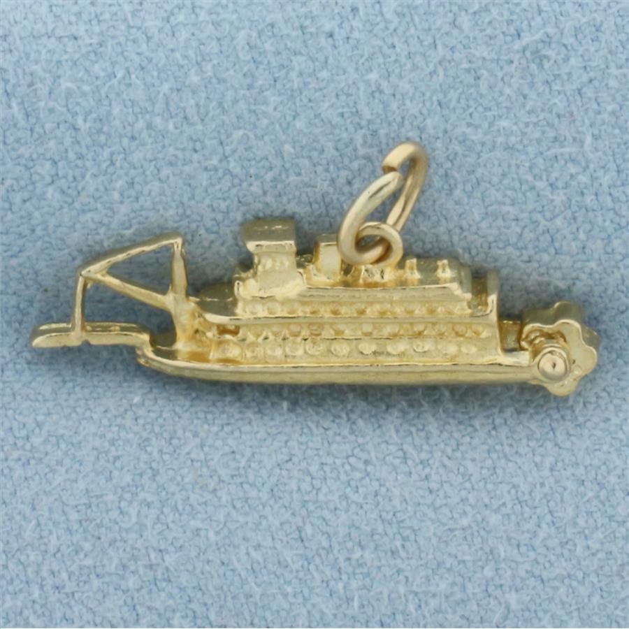 Delta Queen Mechanical Paddle Boat Charm in 14k Yellow Gold