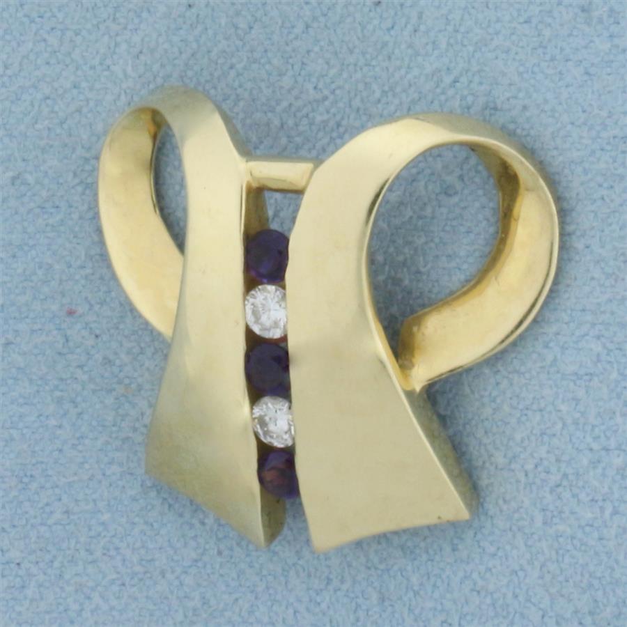 Designer Diamond and Amethyst Pendant or Slide in 14K Yellow Gold
