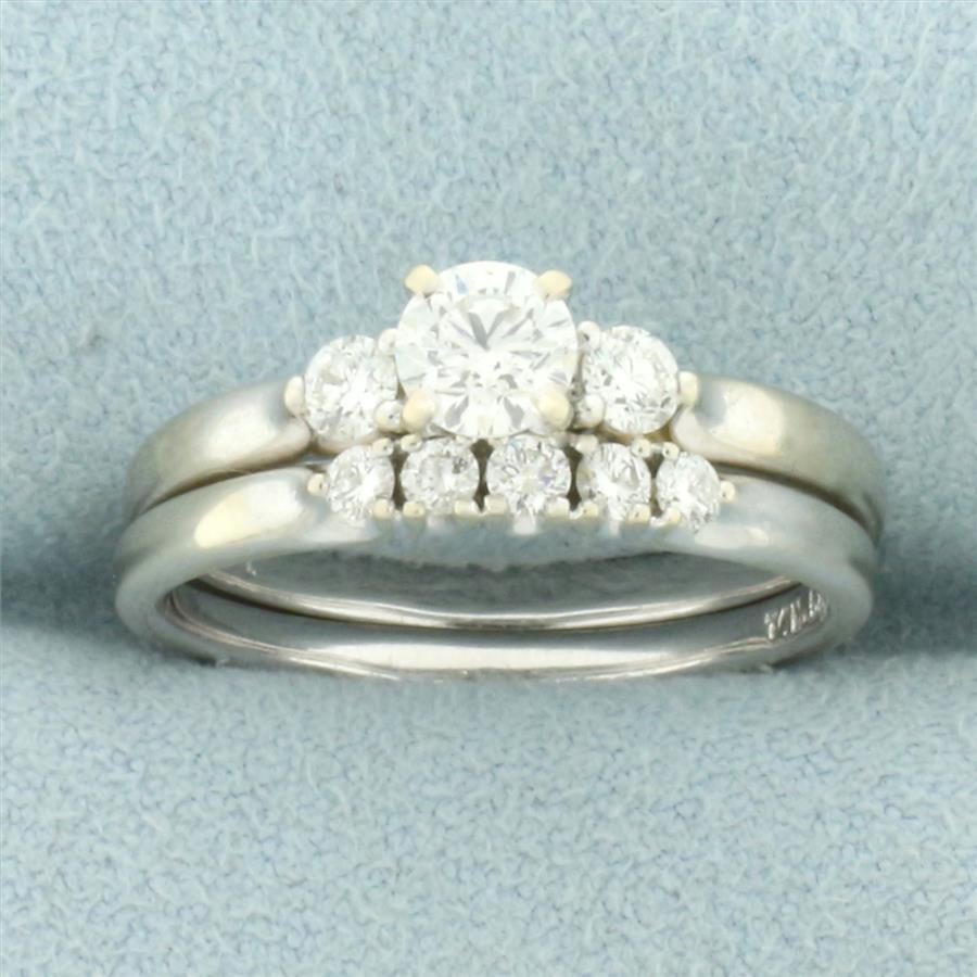Diamond 3-Stone Engagement Ring and Matching Wedding Band Bridal Set in 14k White Gold