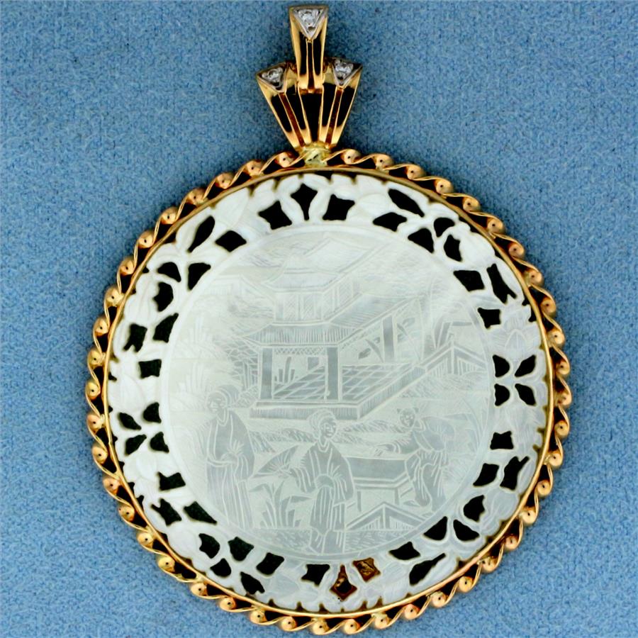 Diamond and Mother of Pearl Chinese Gaming Counter Pendant in 14k Yellow Gold