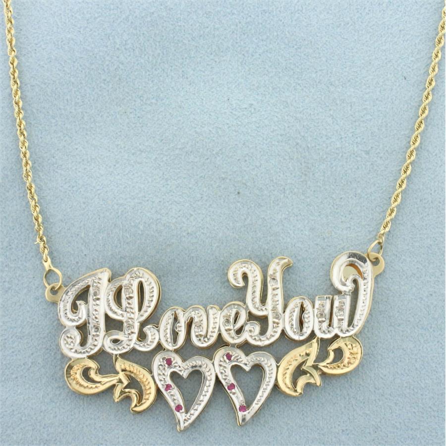 Diamond and Pink Sapphire "I Love You" Heart Necklace in 14k Yellow and White Gold