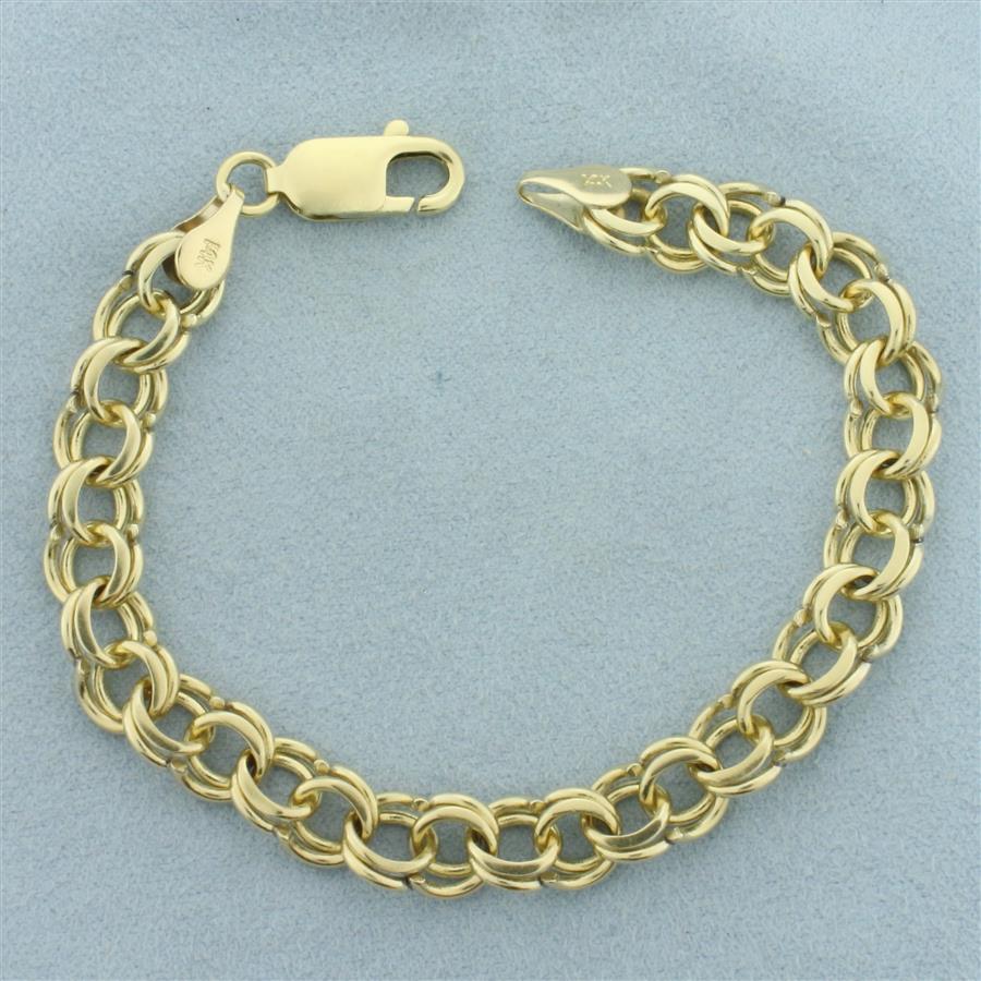 Double Loop Cable Link Charm Bracelet in 14k Yellow Gold