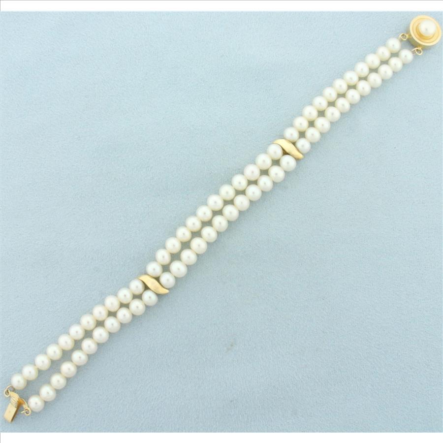 Double Pearl Strand Bracelet in 14k Yellow Gold