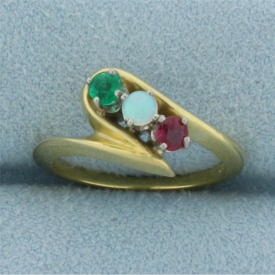 Emerald, Opal, and Ruby Ring in 18k Yellow Gold