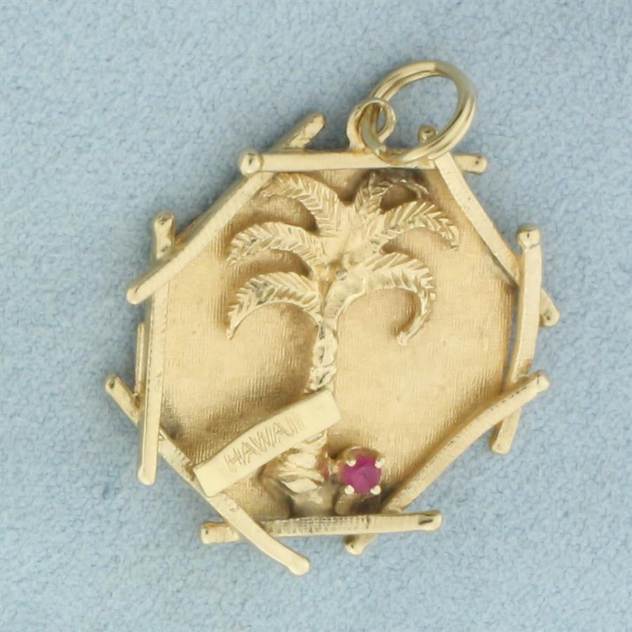 Engravable Hawaii Palm Tree Ruby Charm or Pendant in 14k Yellow Gold