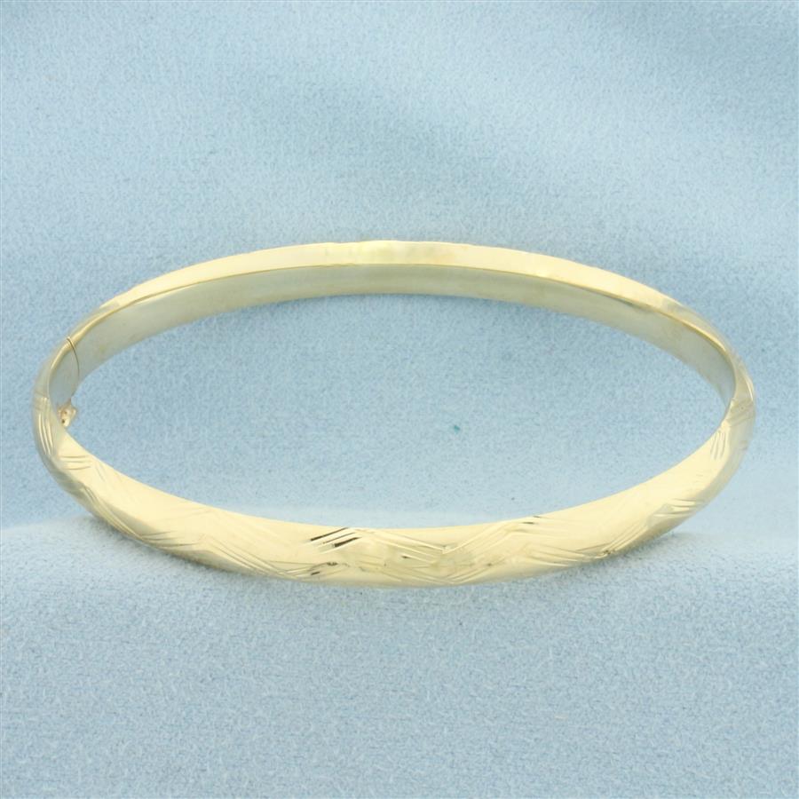 Etched Wave Design Hinged Bangle Bracelet in 14k Yellow Gold