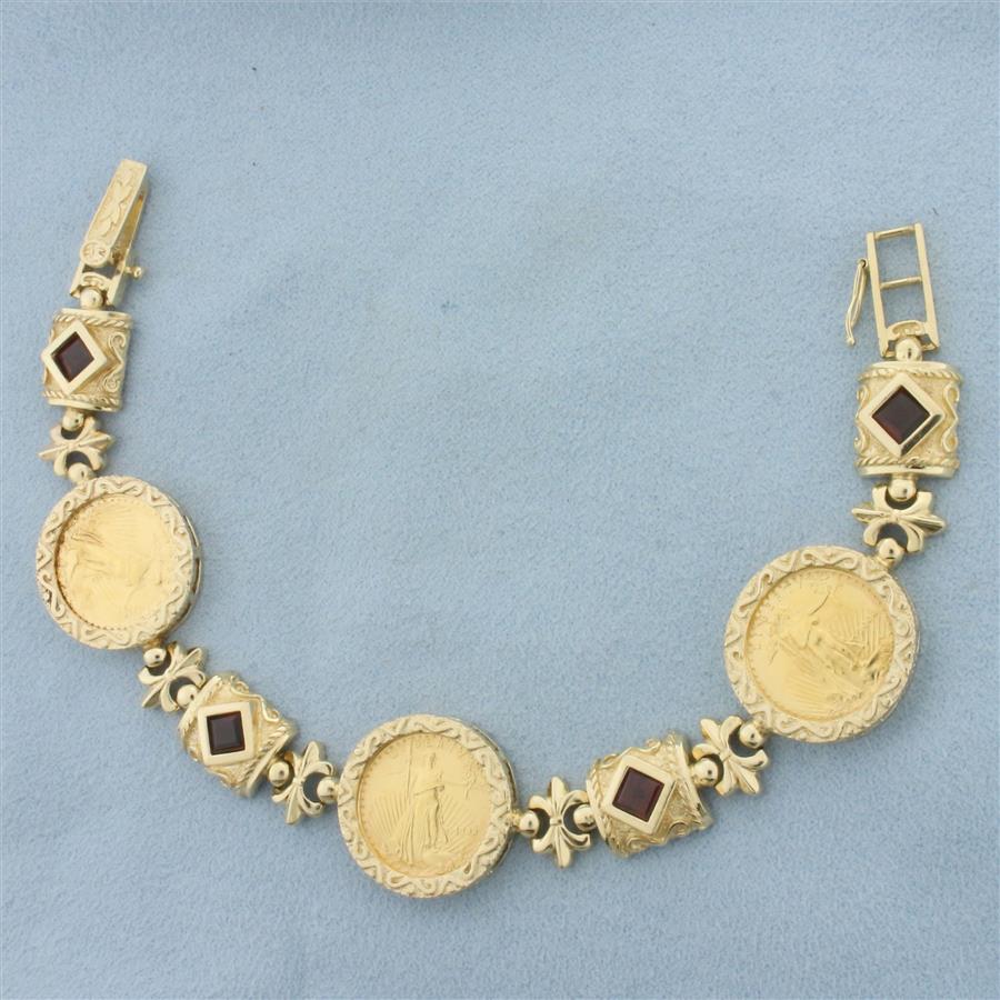 Gold Eagle Bullion Coin and Garnet Bracelet in 14k Yellow Gold