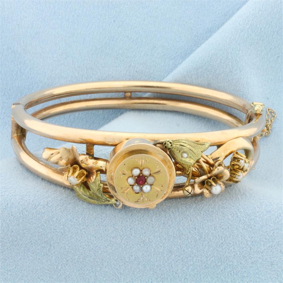 Hinged Antique Ruby and Pearl Bangle Bracelet in 14k Rose and Green Gold