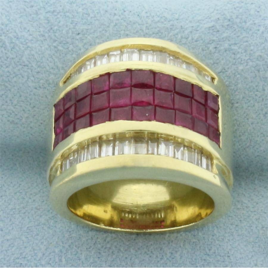 Invisible Set Ruby and Diamond Ring in 18k Yellow Gold