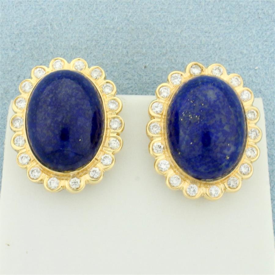 Lapis Lazuli And Diamond Halo Earrings in 14k Yellow Gold