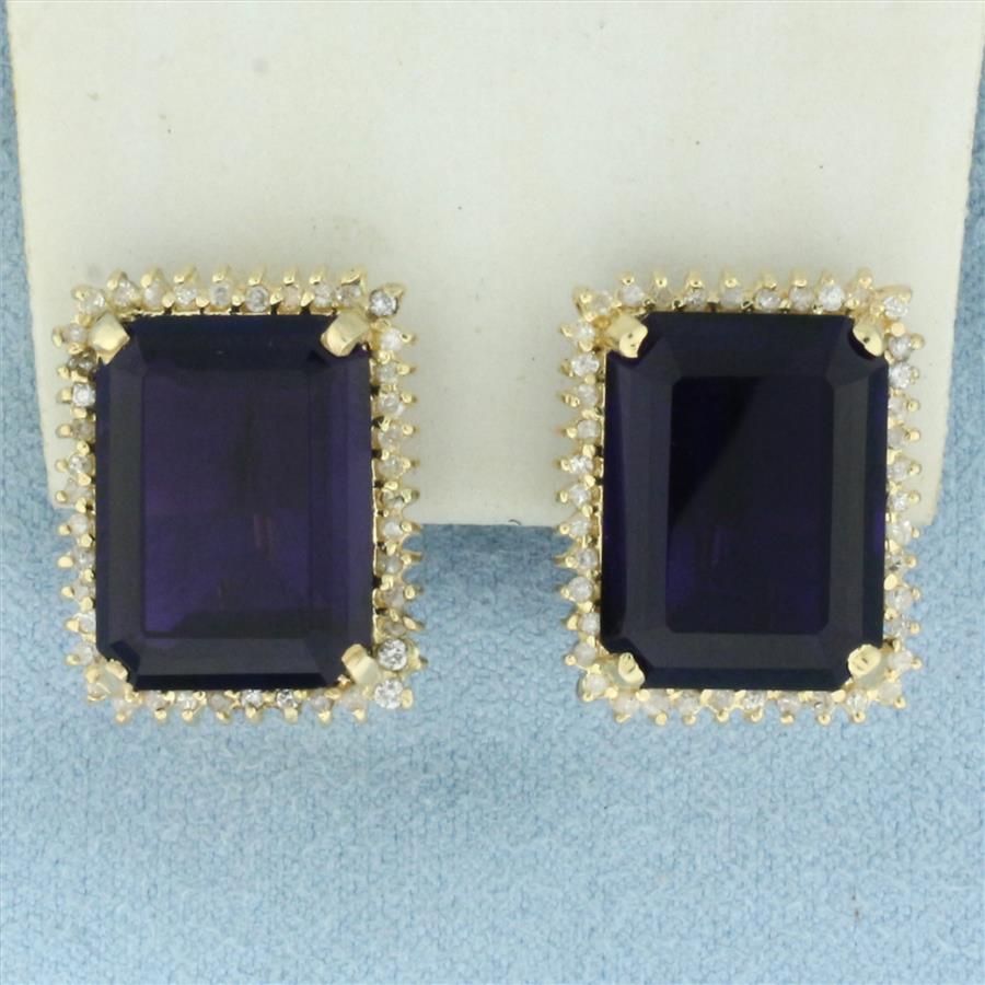Large Amethyst and Diamond Halo Earrings in 14k Yellow Gold
