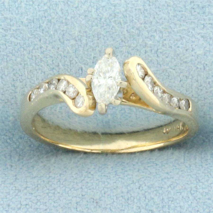 Marquise and Round Diamond Bypass Engagement Ring in 14k Yellow Gold