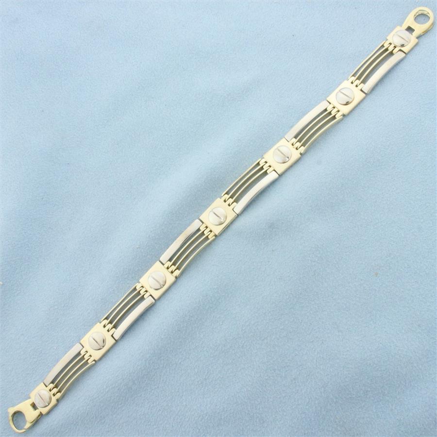 Men's Screw and Bar Link Bracelet in 14k Yellow and White Gold