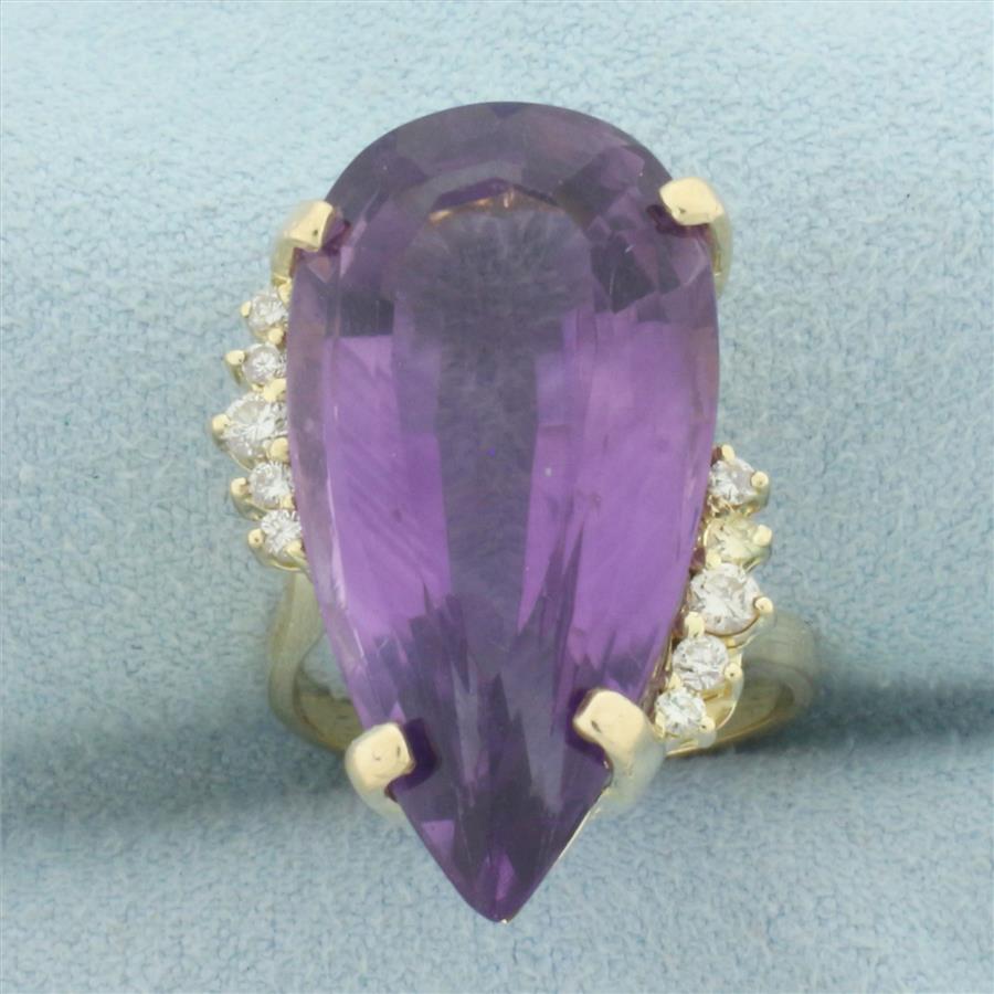 Pear Amethyst and Diamond Statement Ring in 14k Yellow Gold