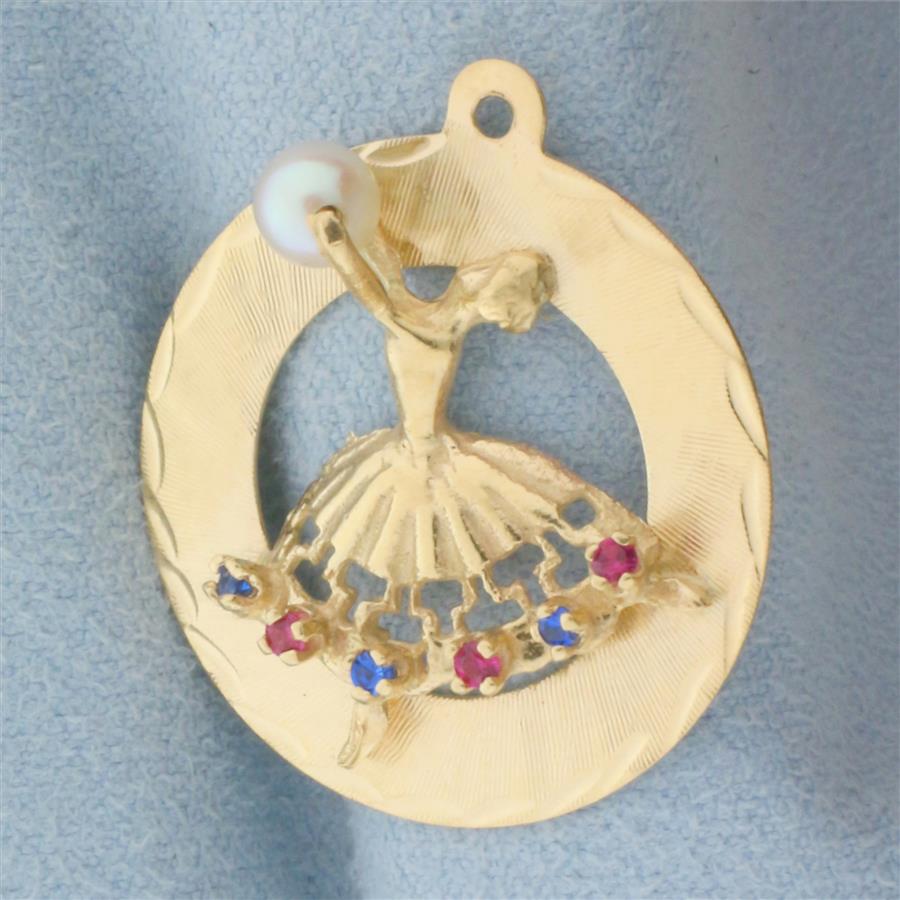 Pearl, Ruby, and Sapphire Dancer Charm or Pendant in 14k Yellow Gold