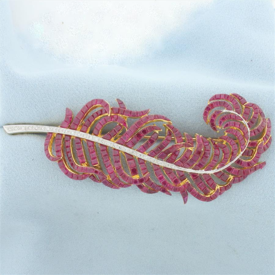 Ruby and Diamond Feather Brooch in 18k Yellow Gold