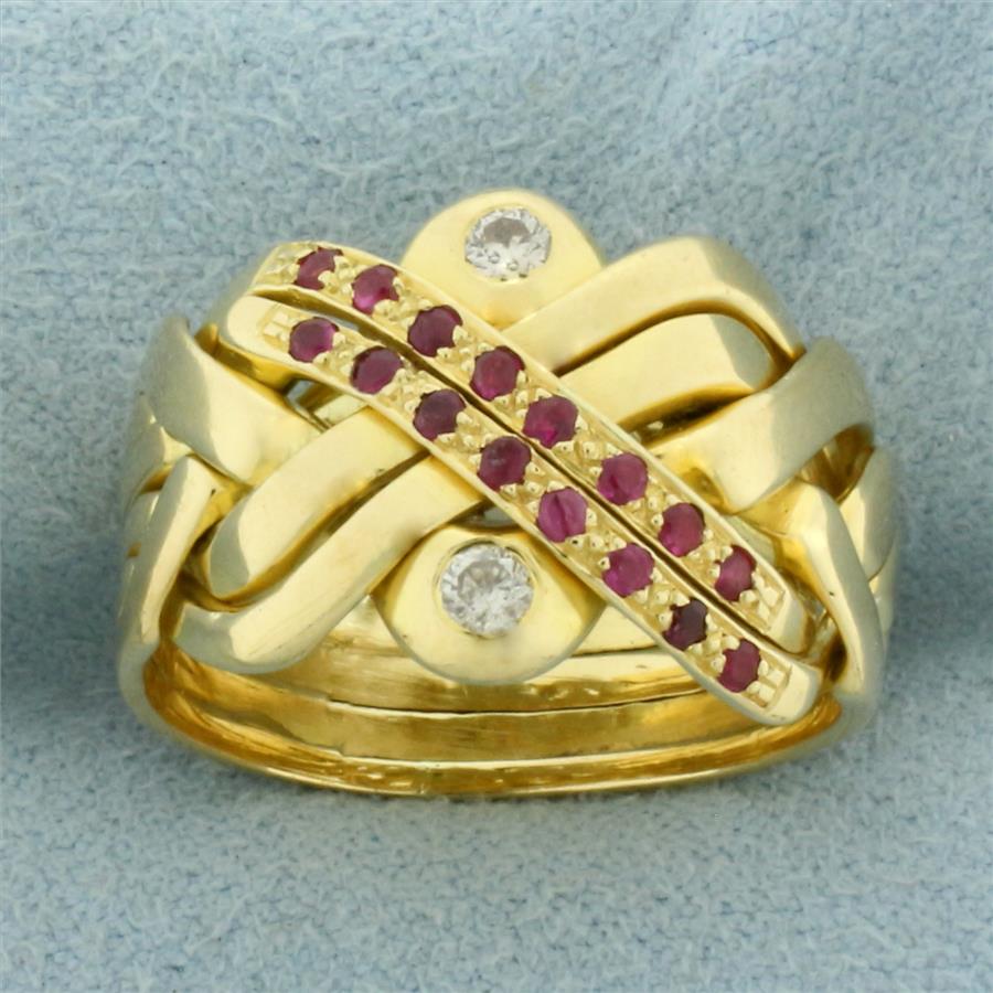 Ruby and Diamond Puzzle Ring in 18k Yellow Gold