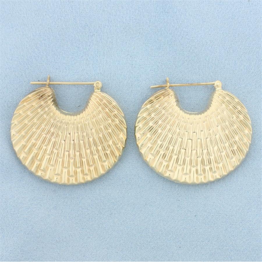 Textured Fan Design Hoop Earrings in 14k Yellow Gold