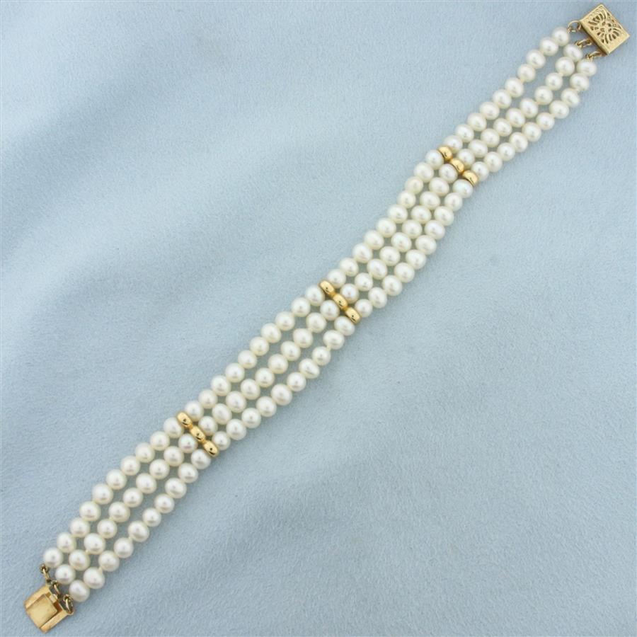 Triple Strand Cultured Pearl Bracelet in 14k Yellow Gold