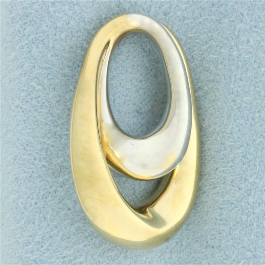 Two Tone Double Oval Modern Design Pendant or Slide in 14k Yellow and White Gold