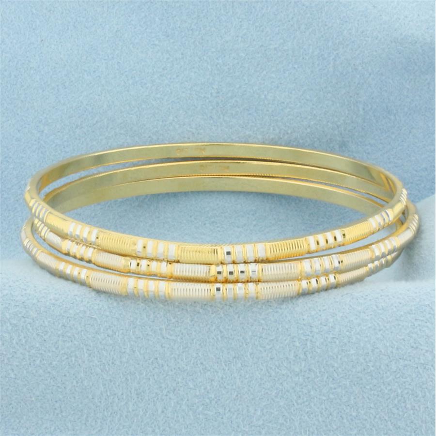 Two Tone Stacking Bangle Bracelets Set of 3 in 21k Yellow & White Gold
