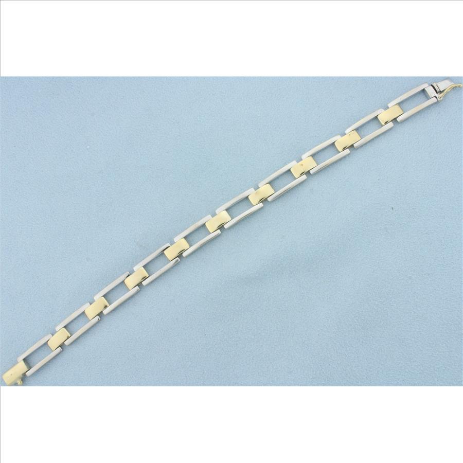 Two Tone Tank Tread Link Bracelet in 14k Yellow and White Gold