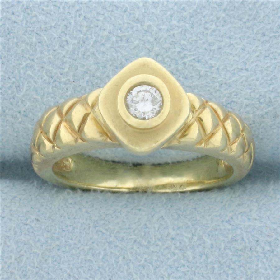 Unique Quilted Design Diamond Solitaire Ring in 14K Yellow Gold
