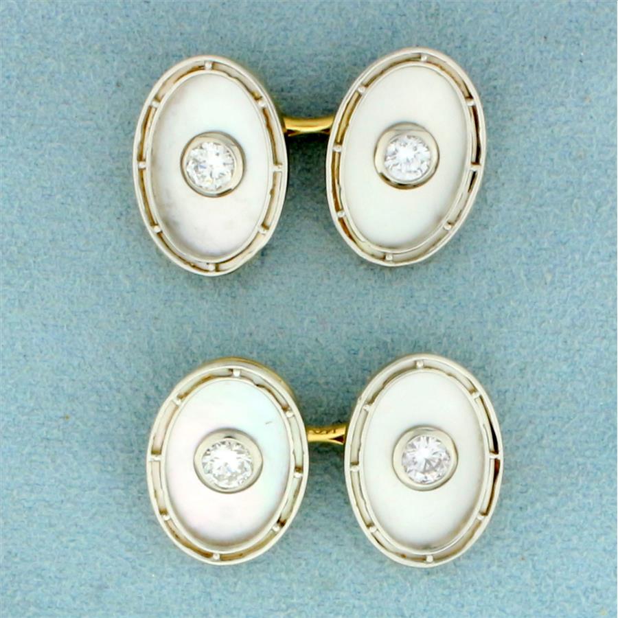 Vintage Diamond and Mother of Pearl French Cufflinks in 14K Yellow and White Gold
