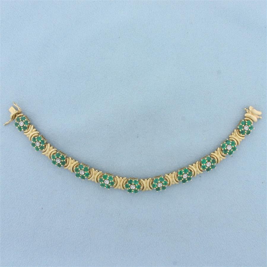 Vintage Emerald and Diamond Flower Design Bracelet in 14k Yellow Gold