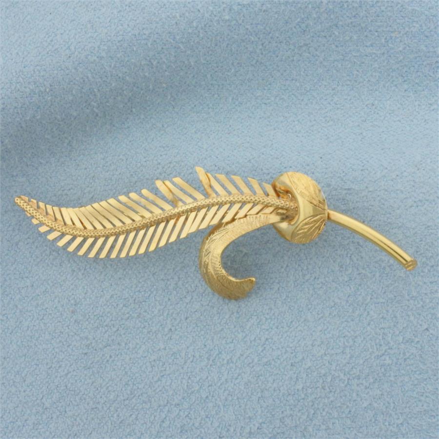 Vintage Feather Brooch Pin in 18k Yellow Gold