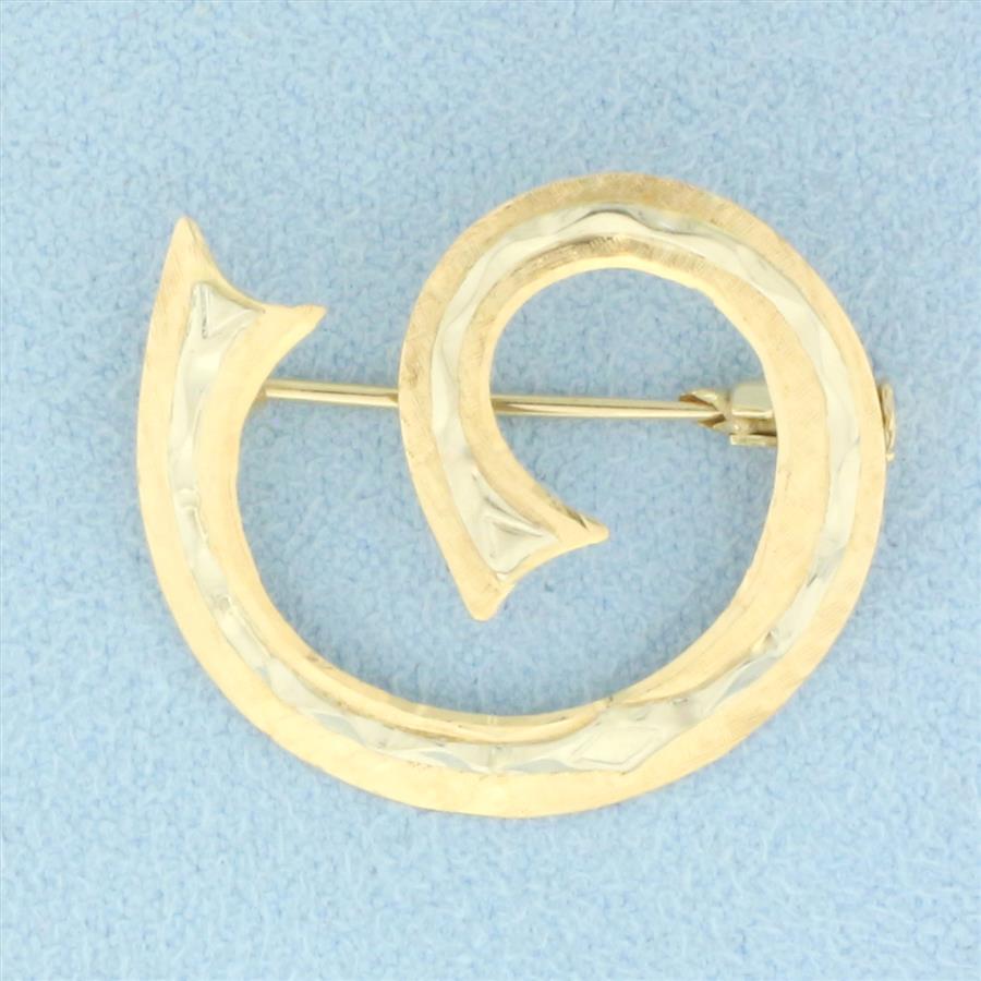 Vintage Italian Diamond Cut Swirl Design Brooch Pin in 18k Yellow and White Gold
