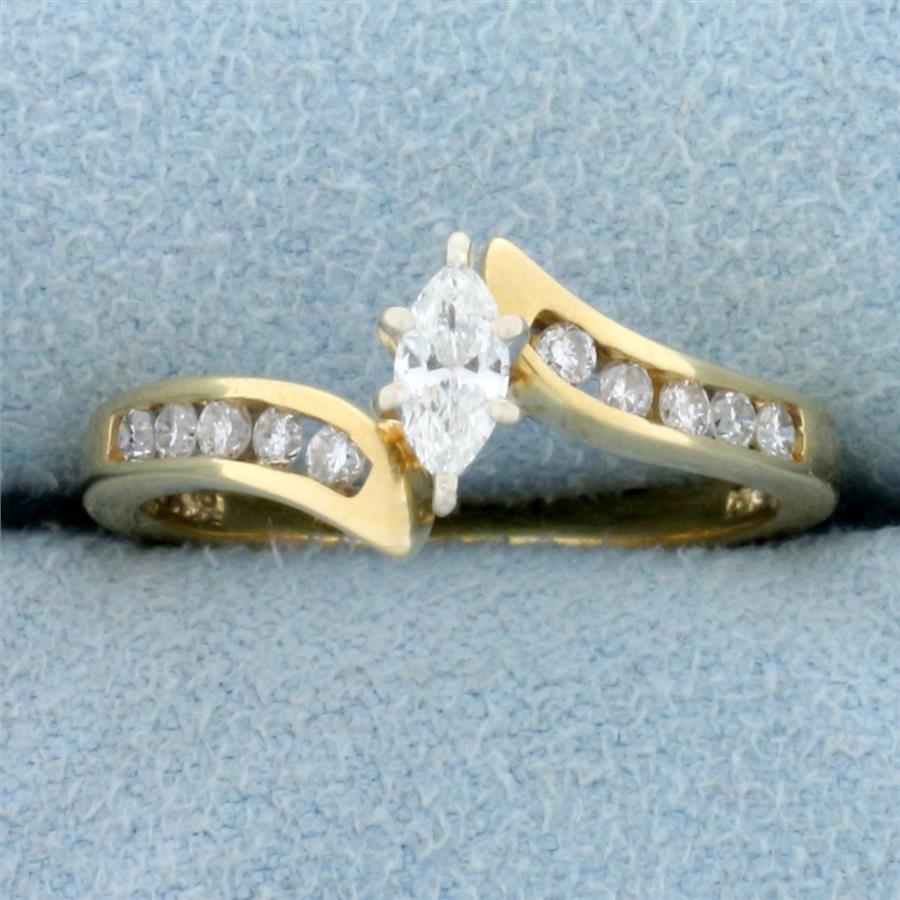 Vintage Marquise and Round Diamond Bypass Engagement Ring in 14K Yellow Gold