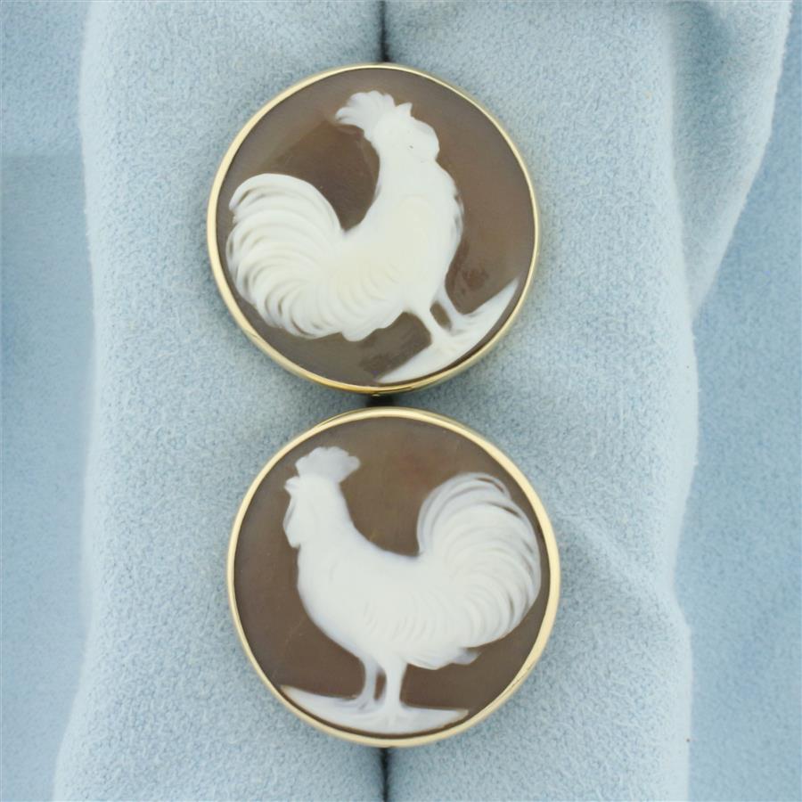 Vintage Rooster Cameo Cufflinks in 14k Yellow Gold