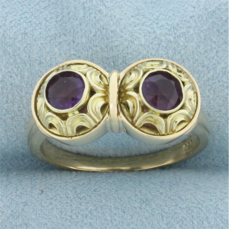 Vintage Twin Amethyst Ring in 14k Yellow Gold