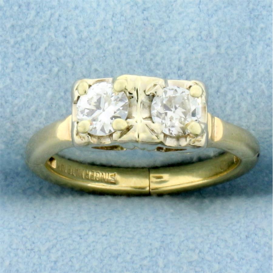 Vintage Two Stone Old European Cut Diamond Toi et Moi Ring with Expandable Shank in 14K Yellow Gold