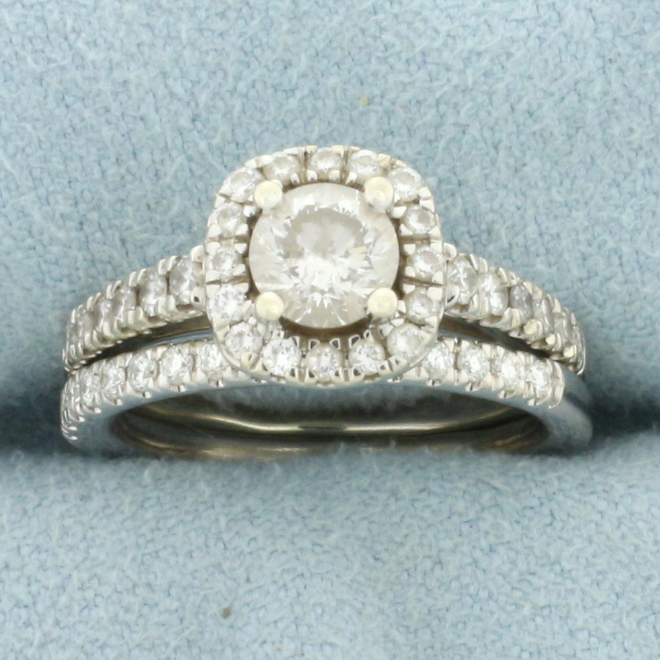 Diamond Halo Engagement and Wedding Band Ring Bridal Set in 14k White Gold