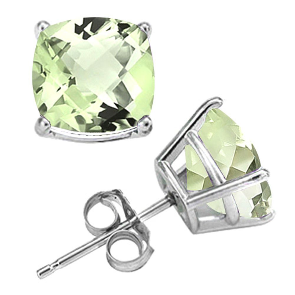 10MM Cushion Cut Green Amethyst 8CTW Stud Earrings in Sterling Silver