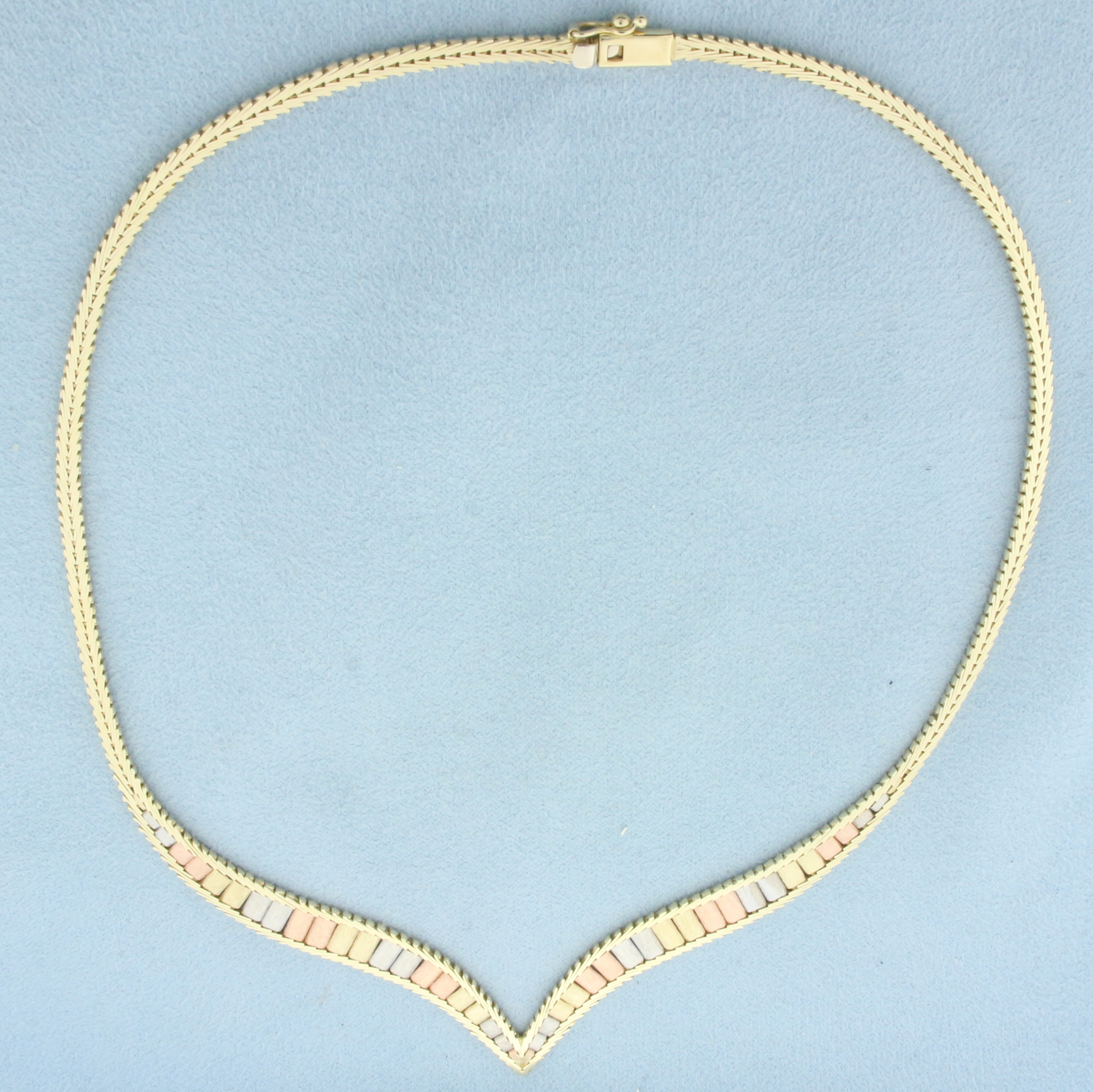 16 Inch Italian Tri-Color Gold V Choker Necklace in 14k Yellow, White, and Rose Gold