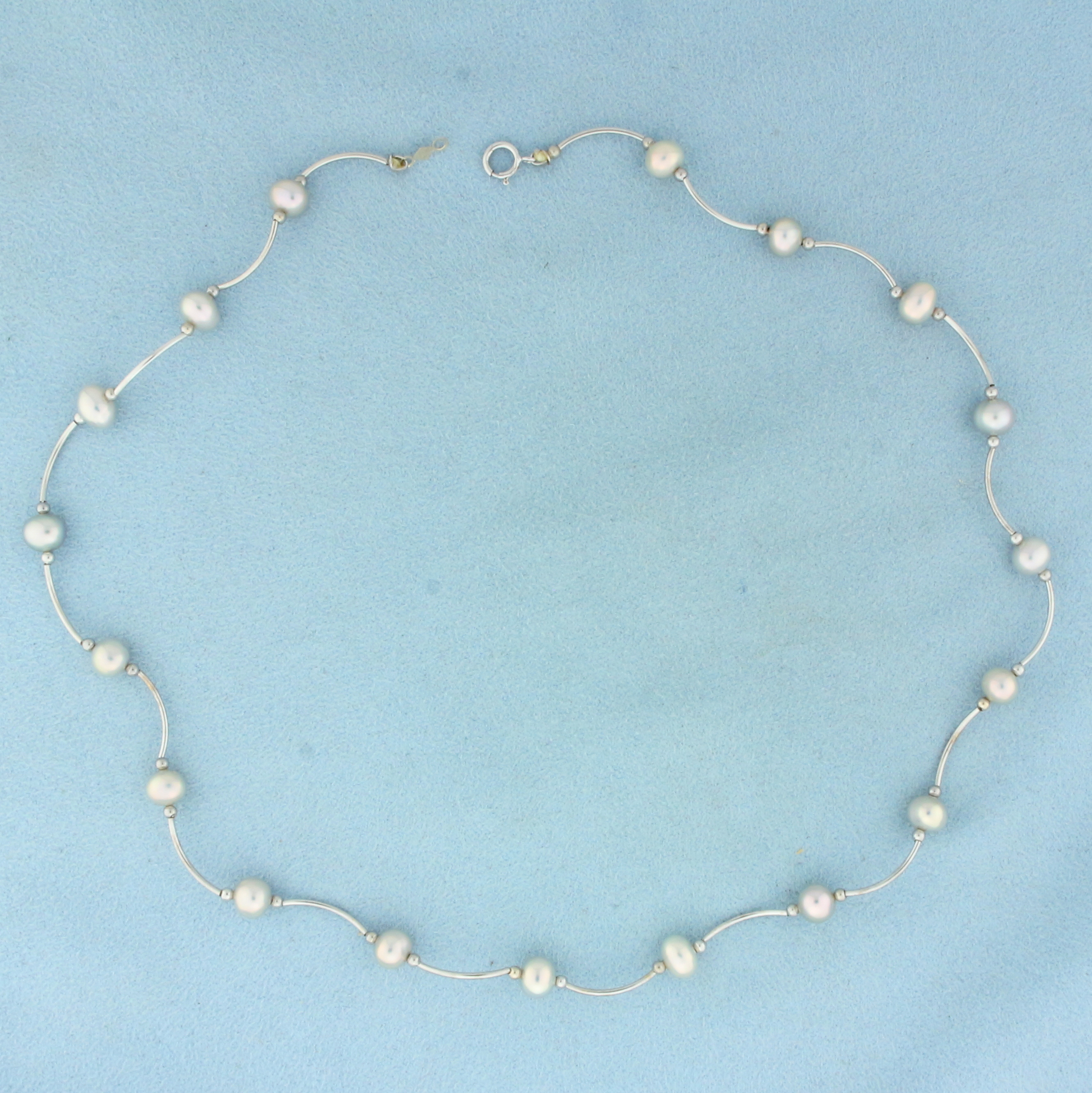 16 Inch Silver Pearl Station Choker Necklace in 14k White Gold