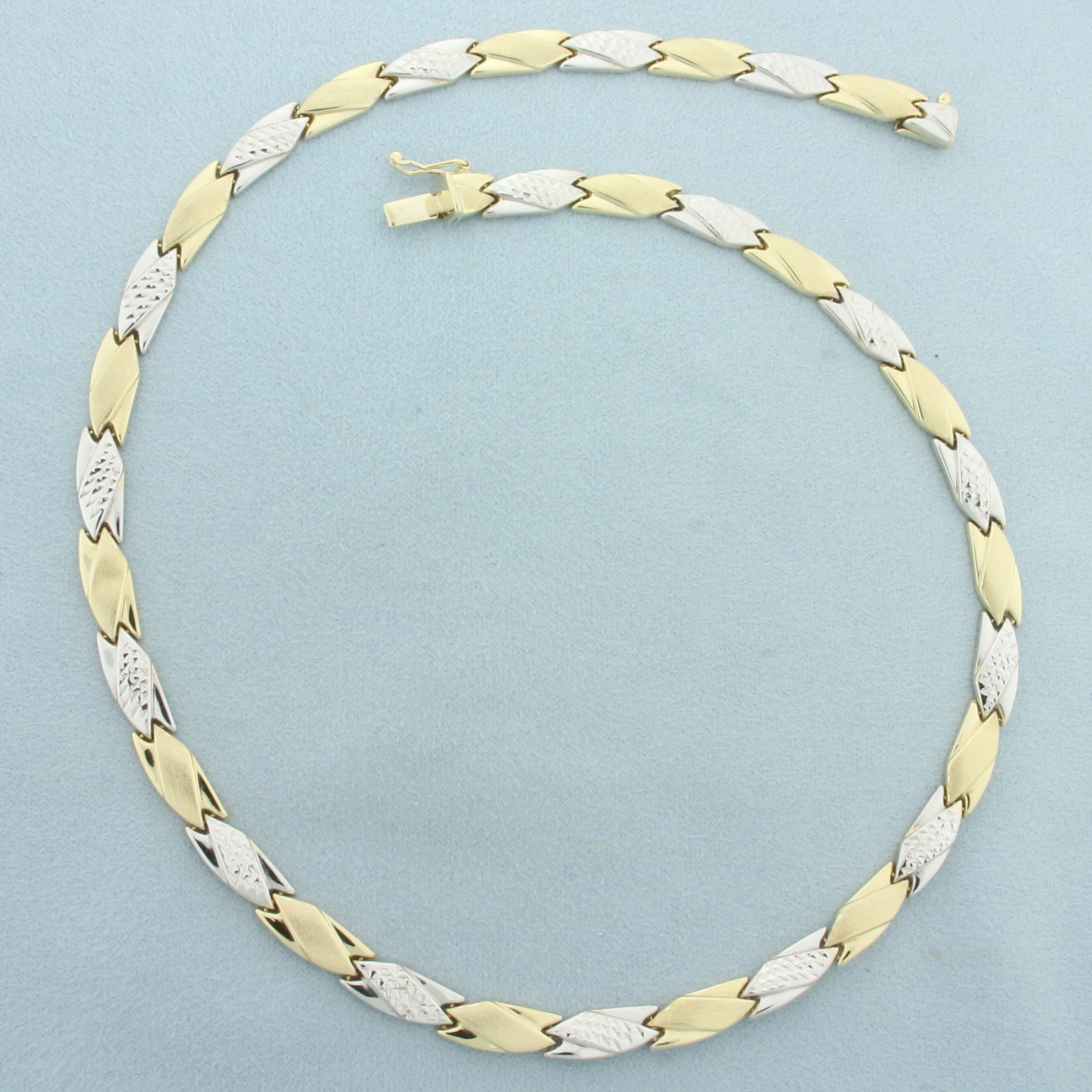 17 Inch Two Tone Diamond Cut Designer Link Necklace in 14k Yellow and White Gold
