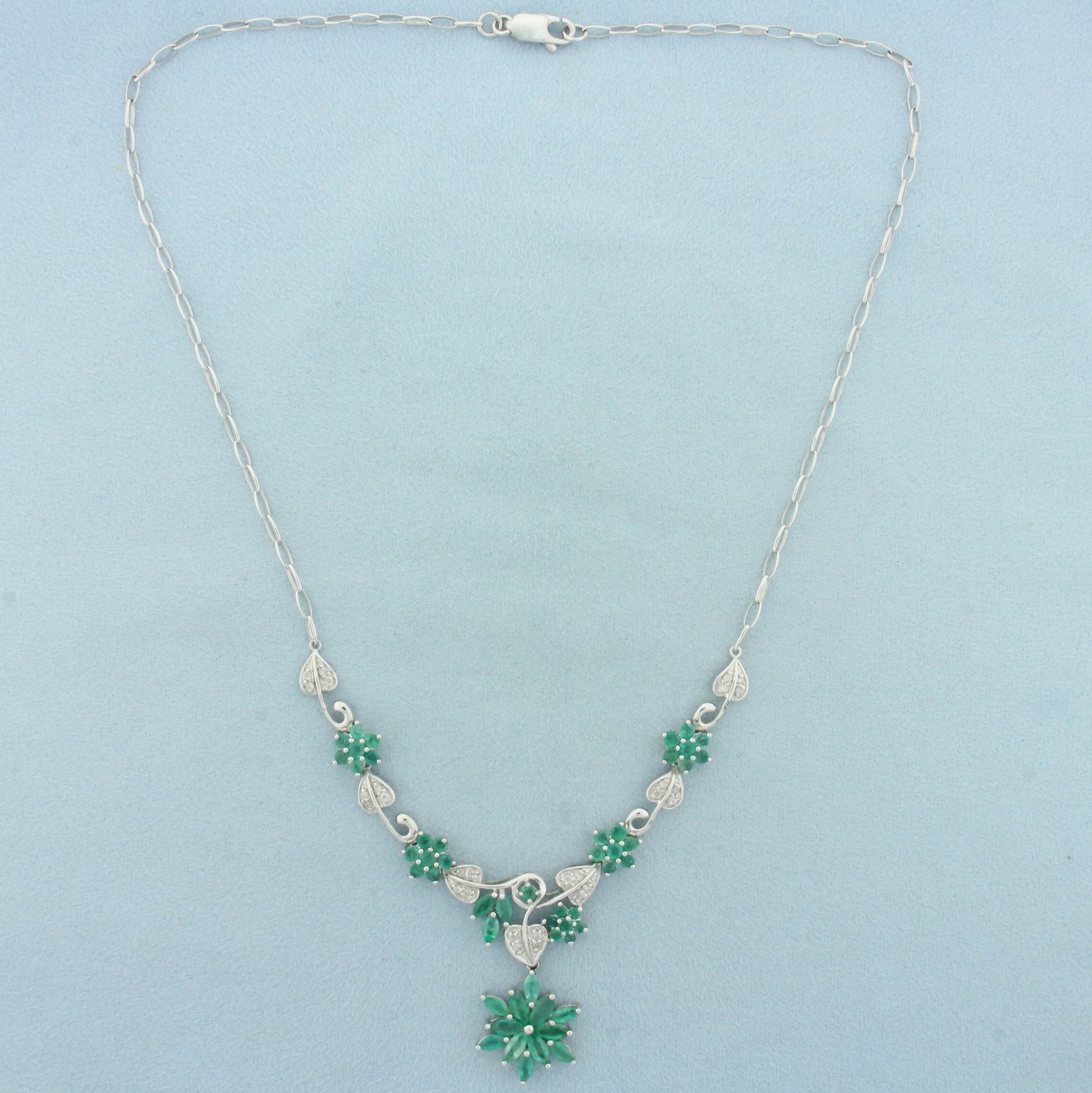 6ct Emerald and Diamond Flower Design Necklace in 14k White Gold