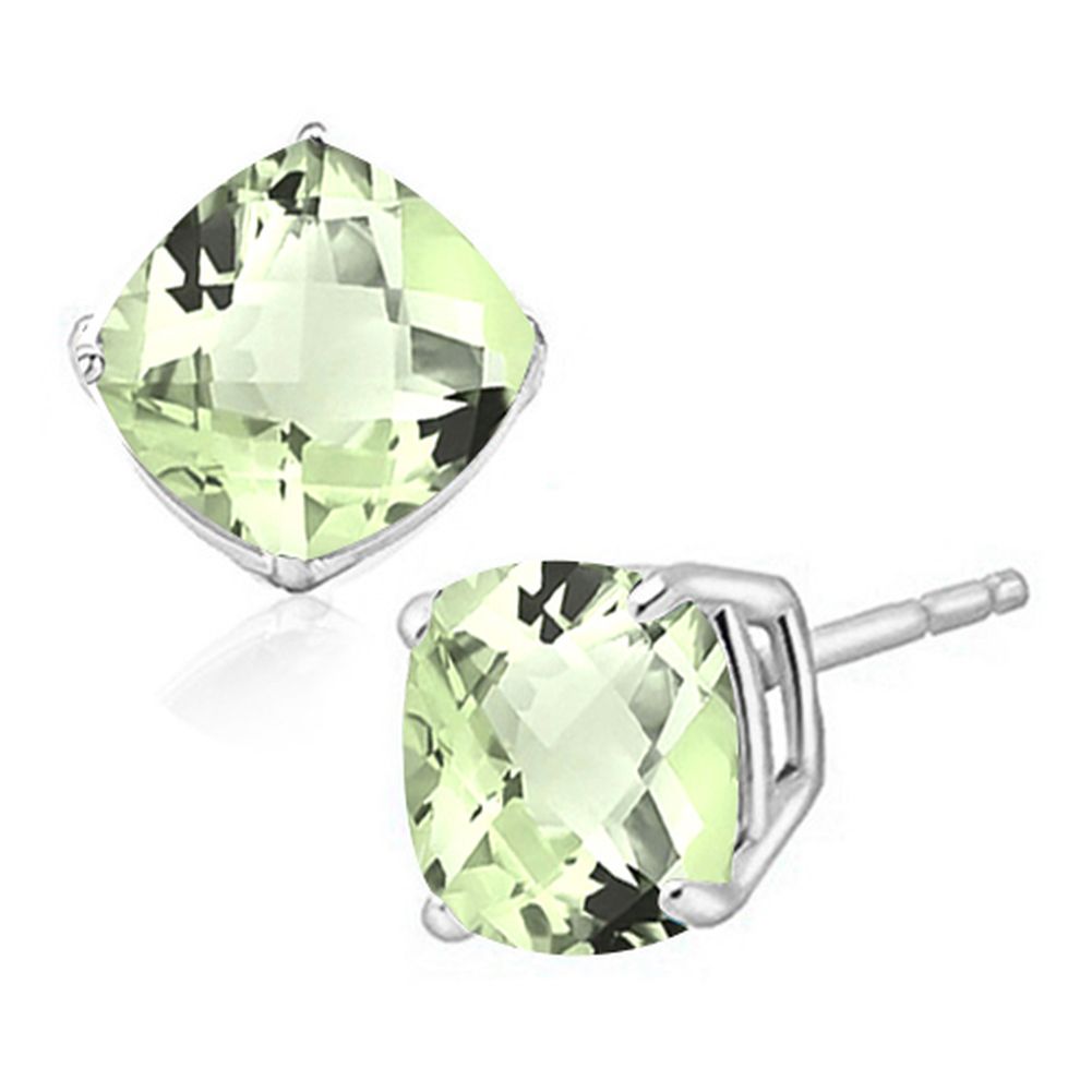 6MM Cushion Cut Green Amethyst 1.85CTW Stud Earrings in Sterling Silver