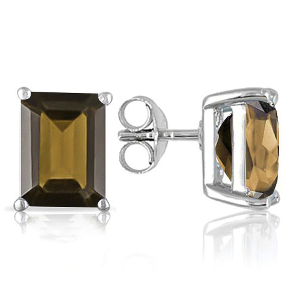 6X4MM Emerald Cut Smoky Quartz 1.2CTW Stud Earrings in Sterling Silver