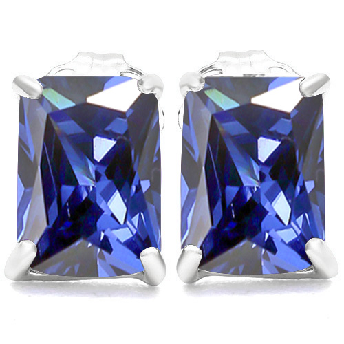 6x8 Emerald Cut Lab Tanzanite Earrings in Sterling Silver