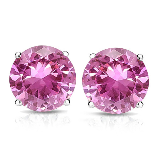 8MM Round Lab Pink Sapphire Earrings in Sterling Silver