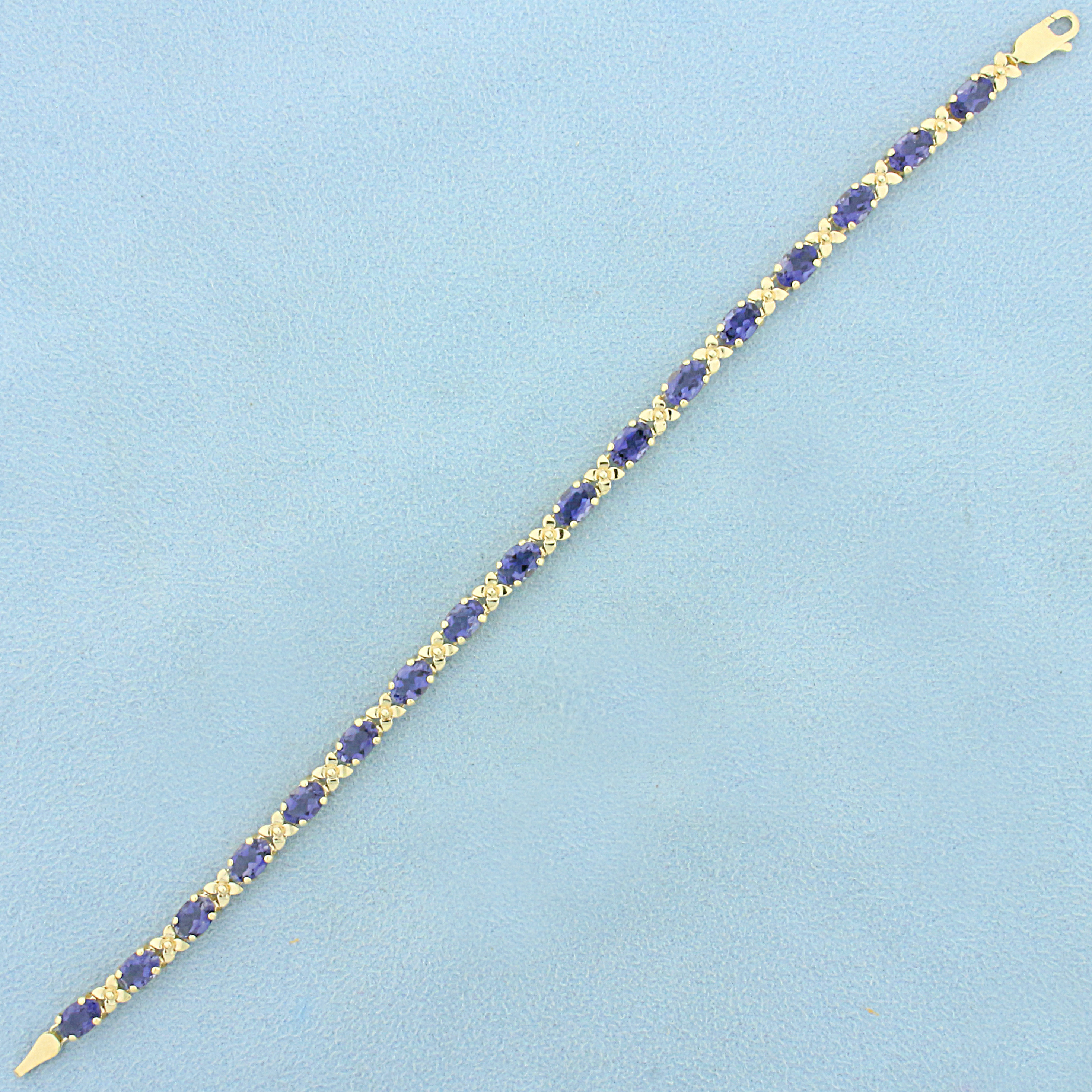 AAA Tanzanite Flower Design Line Bracelet in 14K Yellow Gold