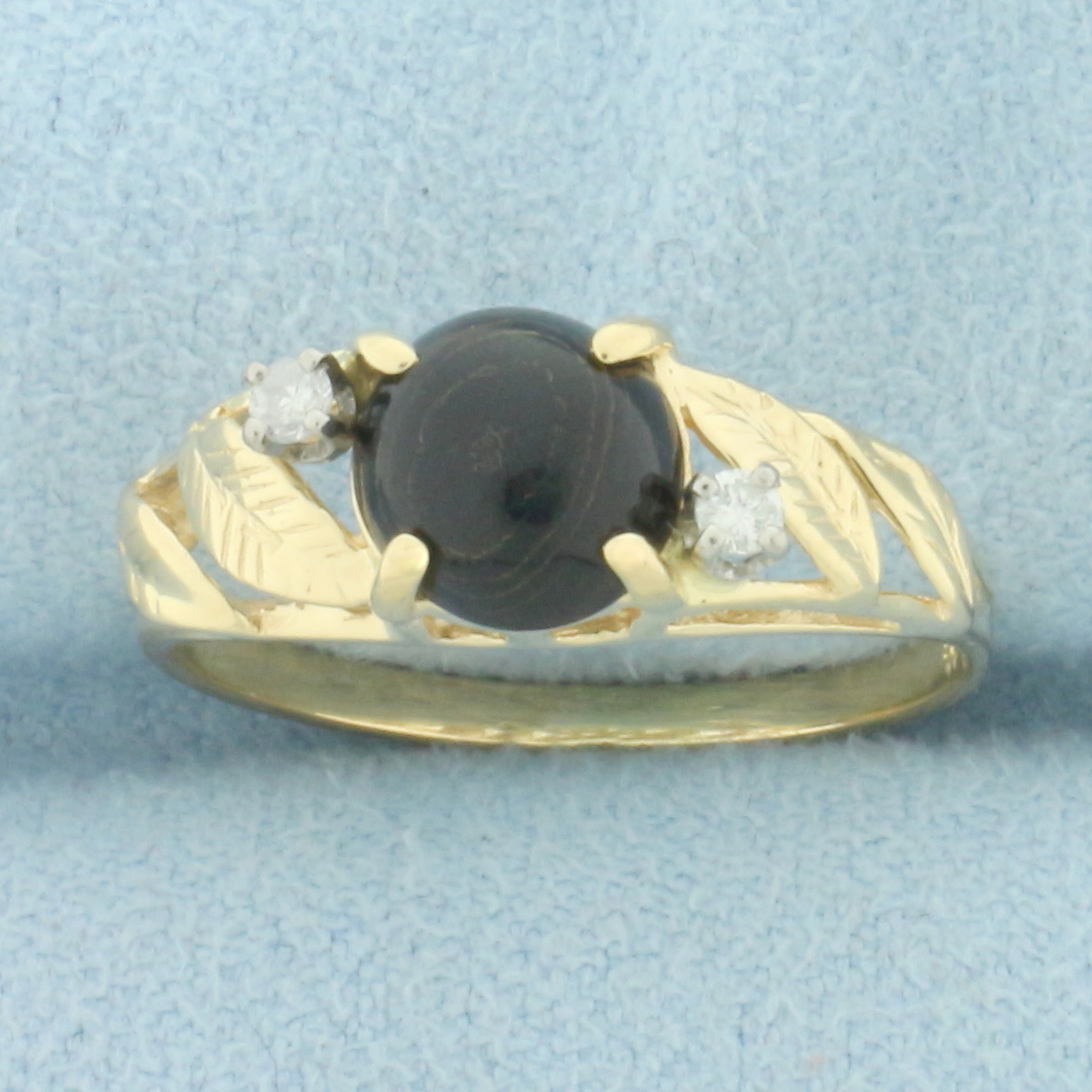 Agate and Diamond Leaf Design Ring in 14k Yellow Gold