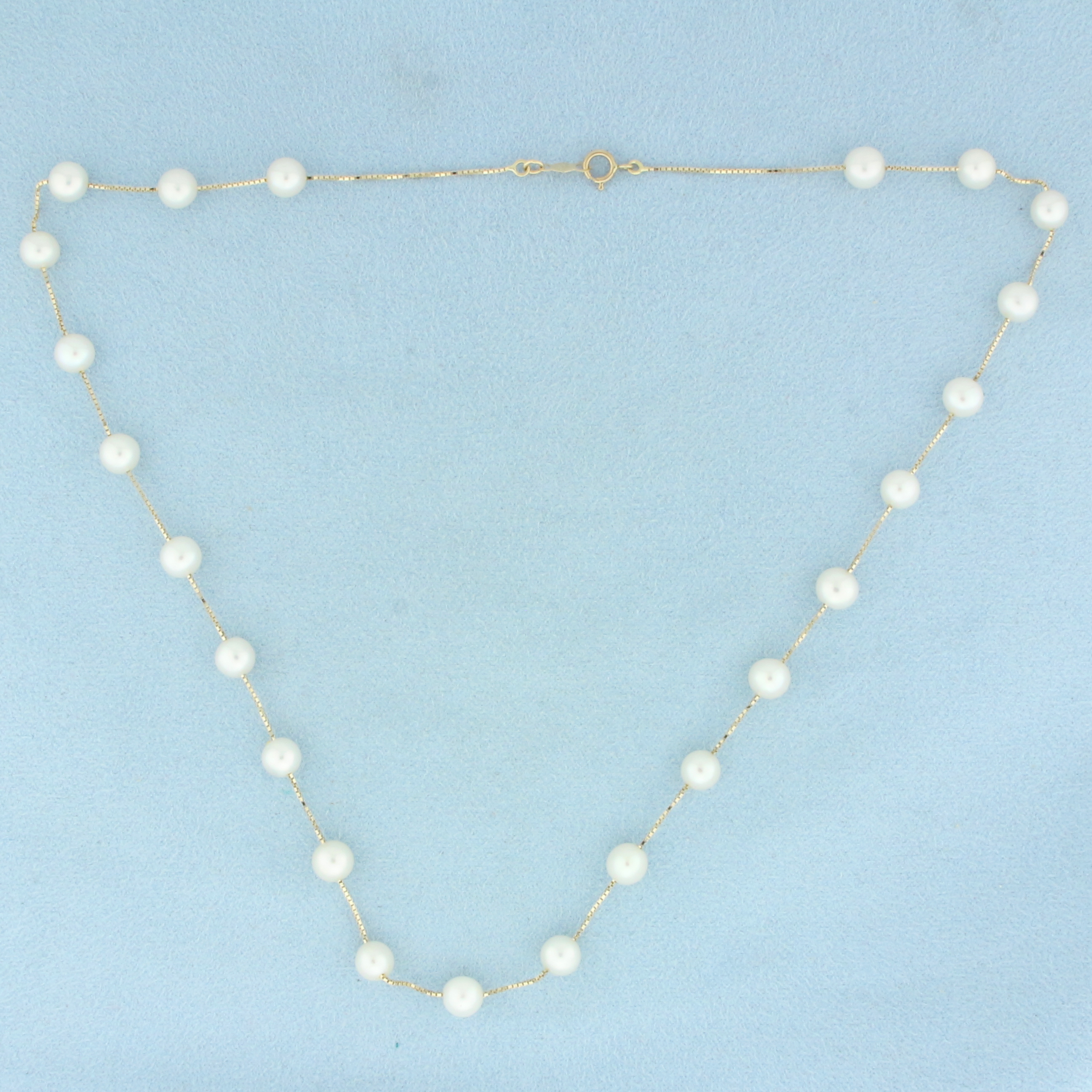 Akoya Pearl Station Necklace in 14k Yellow Gold