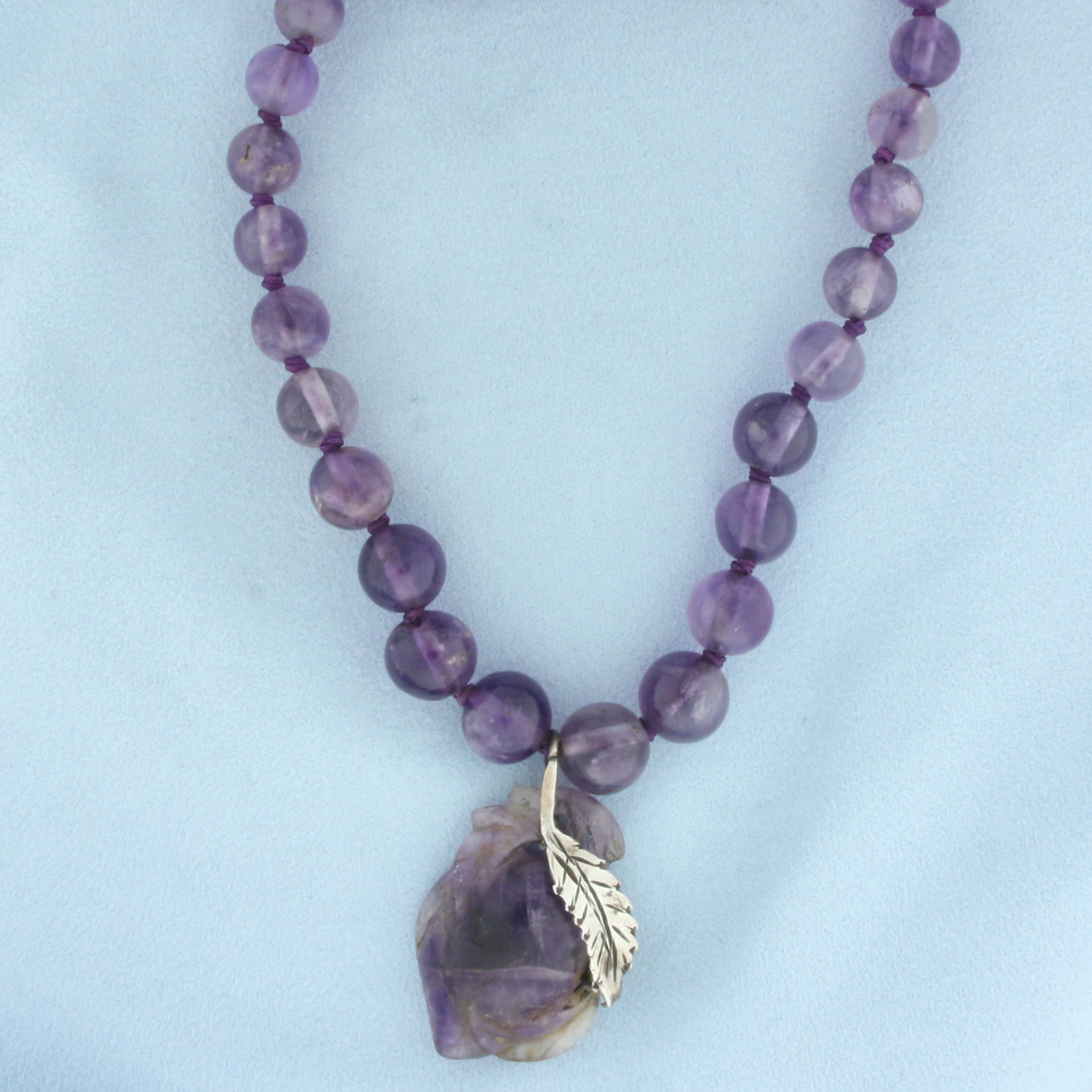 Amethyst Bead Feather Necklace in .925 Sterling Silver